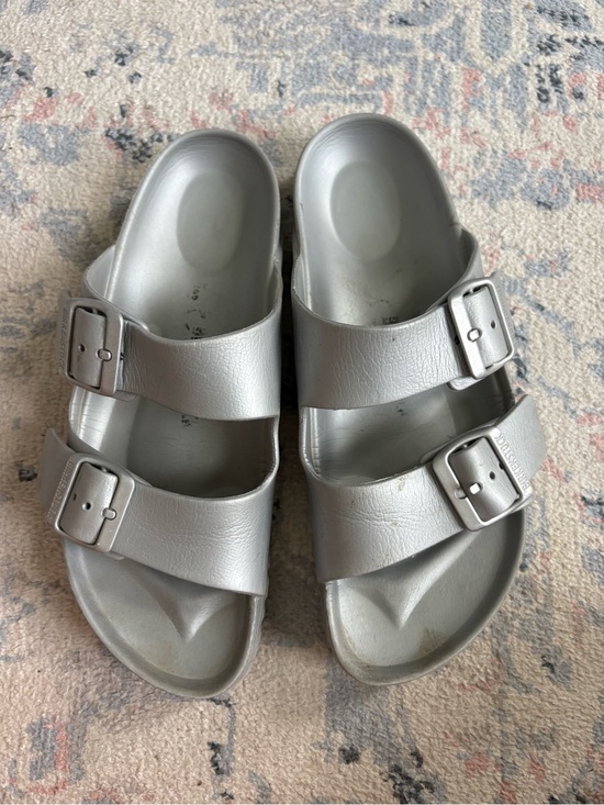 Birkenstock Shoes - Birkenstock Metallic Silver Double-Strap Slides. Waterproof.
